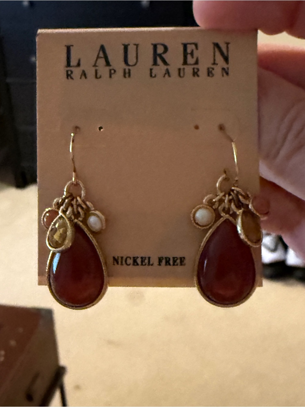 Ralph Lauren Gold-Tone Earrings with Deep Red Teardrops